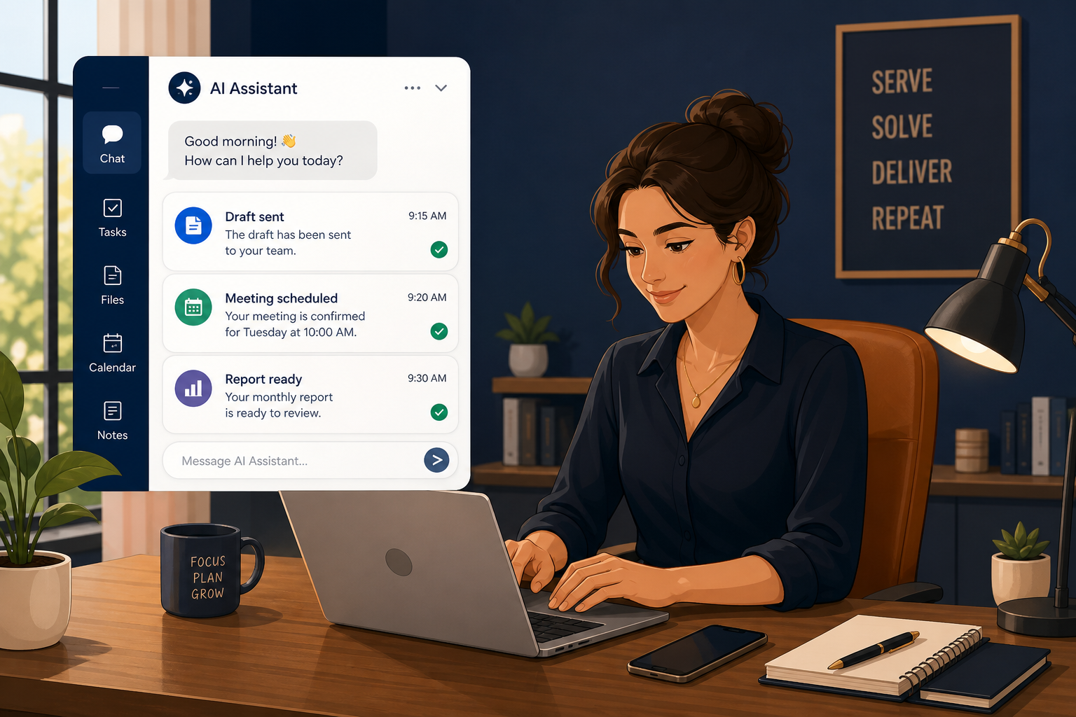 Small business owner using an AI assistant to handle scheduling, drafts, and reports